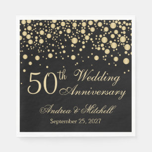 Golden confetti on black 50th Wedding Anniversary Napkin