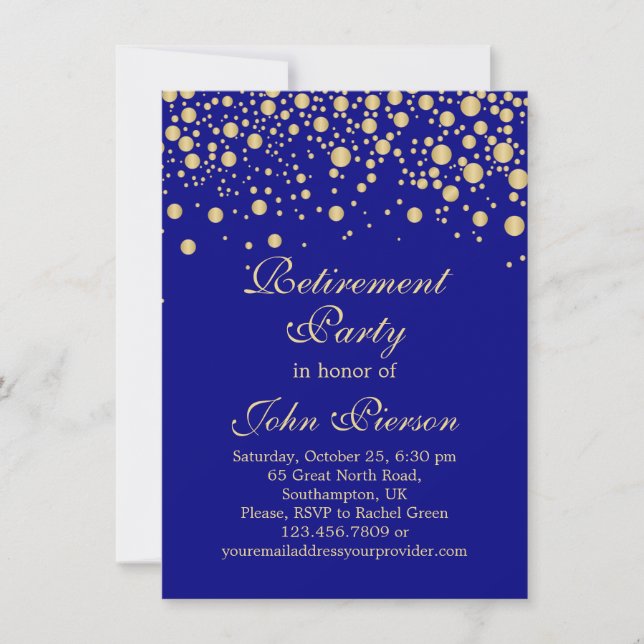 Golden confetti on navy blue Retirement Party Invitation (Front)