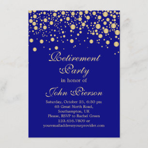 Golden confetti on navy blue Retirement Party Invitation