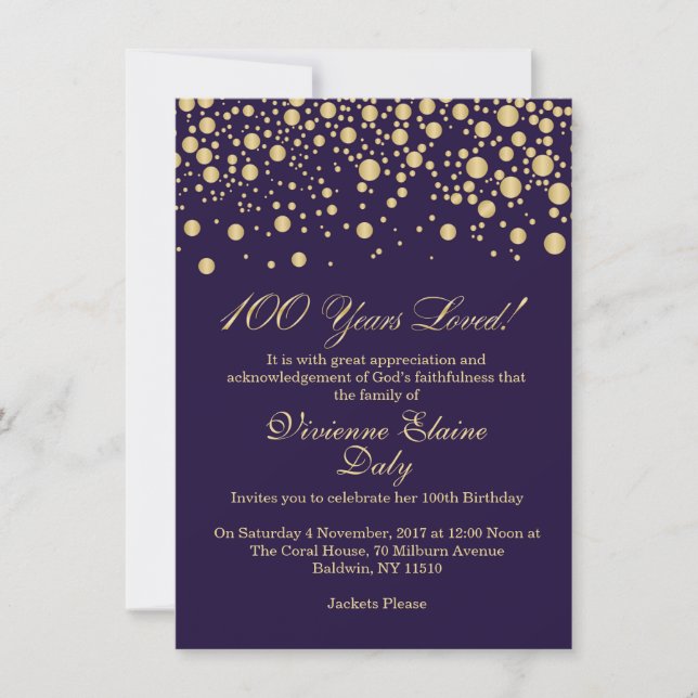Golden confetti on purple 100 Birthday party Invitation (Front)