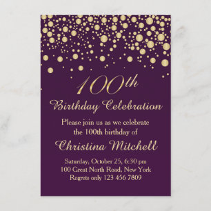 Golden confetti on purple 100th Birthday Party Invitation