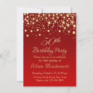 Golden confetti on red 50th Birthday Invitation