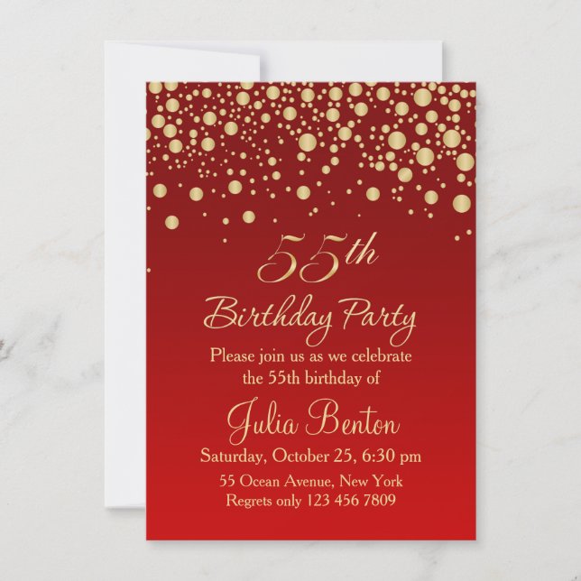 Golden confetti on red 55th Birthday Invitation (Front)