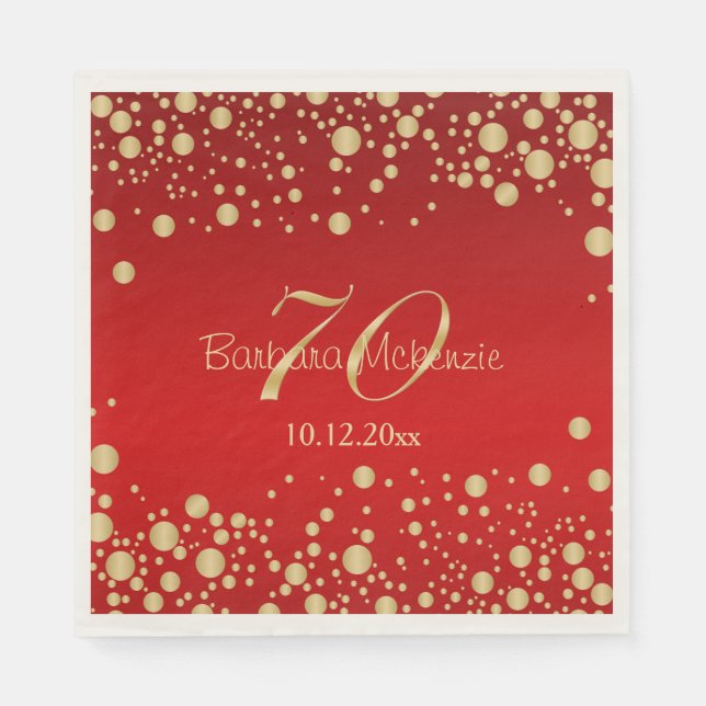 Golden confetti on red 70th Birthday Party Napkin (Front)