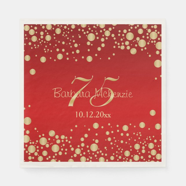 Golden confetti on red 75th Birthday Party Napkin (Front)