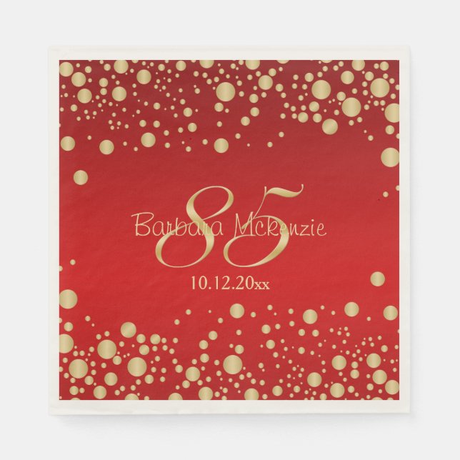Golden confetti on red 85th Birthday Party Napkin (Front)