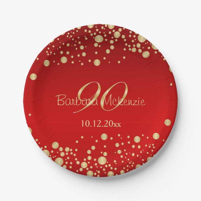 Golden confetti on red 90th Birthday Paper Plate (Front)