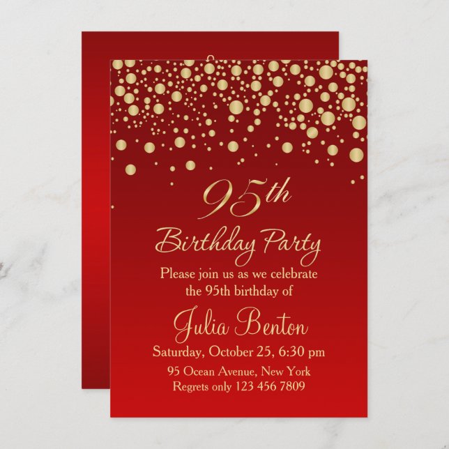 Golden confetti on red 95th Birthday Invitation (Front/Back)