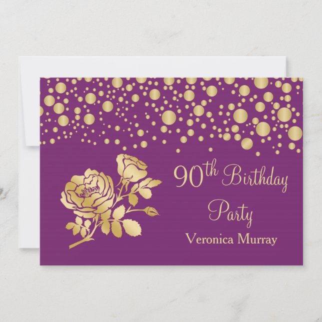 Golden confetti, rose on purple 90th Birthday Invitation (Front)