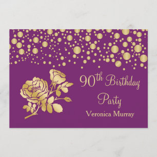 Golden confetti, rose on purple 90th Birthday Invitation