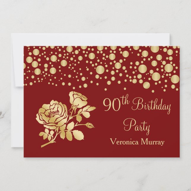 Golden confetti, rose on red 90th Birthday Invitation (Front)