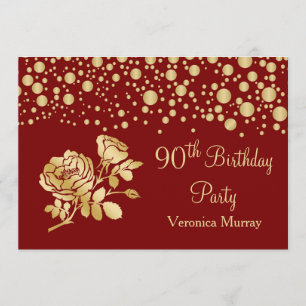 Golden confetti, rose on red 90th Birthday Invitation