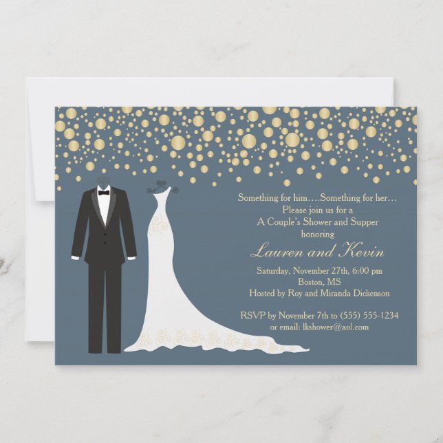Golden confetti, Tuxedo & Gown Wedding Shower Invitation (Front)