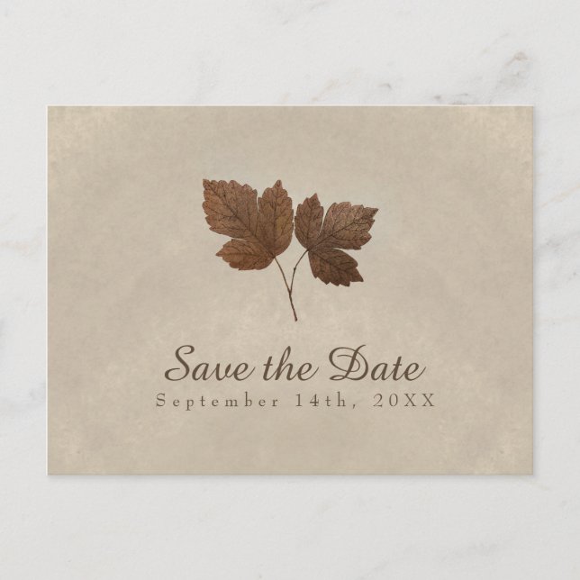 Golden Copper Fall Leaves Save the Date Announcement Postcard (Front)