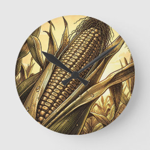Golden Corn Cob Harvest  Round Clock