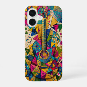 Golden Cosmic Guitar - Vibrant Cubist Abstract iPhone 16 Case