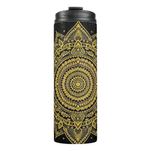 Golden Cosmic Mandala on Black Canvas Thermal Tumbler