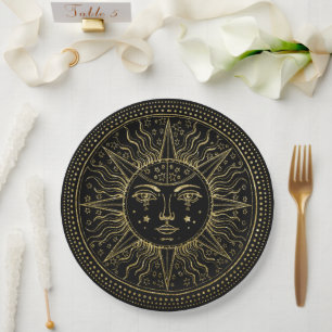 Golden Cosmos Elegant Gold Sun Face on Black Paper Plate
