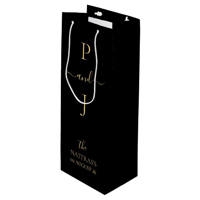 Golden Couple's Initials Elegant Monogram Wine Gift Bag (Front Angled)