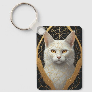 Golden Cracked Cat Face Mystical Animal Art ✨ Key Ring