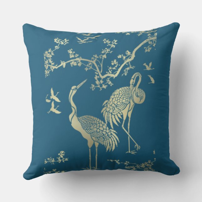 Golden cranes Art, Blue background Cushion (Back)