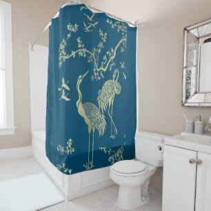 Golden cranes Art, Blue background Shower Curtain