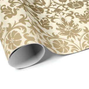 Golden Cream Floral Damask Wrapping Paper