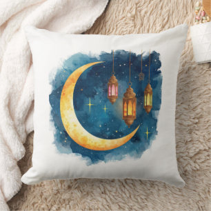 Golden Crescent & Lanterns Ramadan Pillow