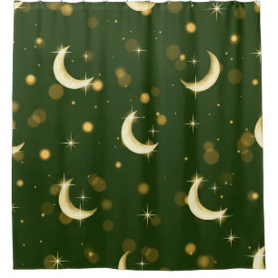 Golden Crescent Moon Bokeh - Celestial Starry Shower Curtain