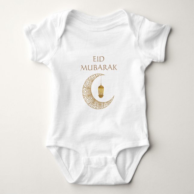 Golden Crescent Moon & Lantern Eid Mubarak Islamic Baby Bodysuit (Front)