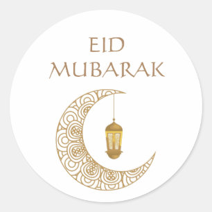 Golden Crescent Moon & Lantern Eid Mubarak Islamic Classic Round Sticker