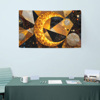 Golden Crescent Moon with Cosmic Geometric Stars Banner