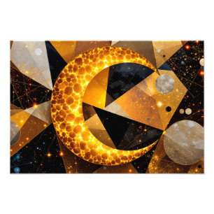 Golden Crescent Moon with Cosmic Geometric Stars Photo Print