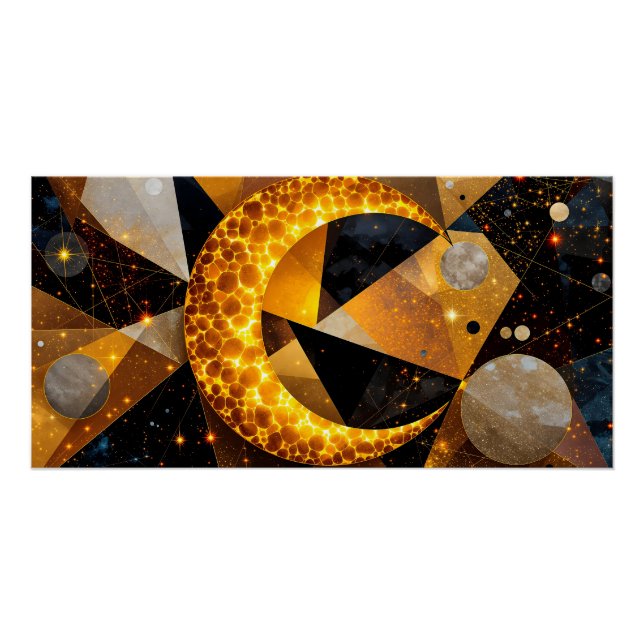 Golden Crescent Moon with Cosmic Geometric Stars Poster (Front)