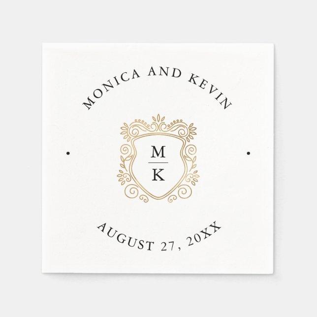 Golden Crest | Elegant Black and White Wedding Napkin (Front)