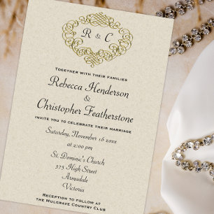 Golden Crest Monogrammed Elegance: Beige Wedding Invitation
