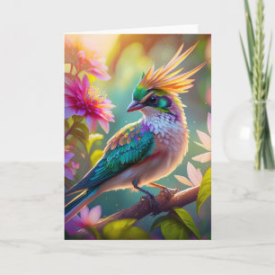 Golden Crested Green Headed Finch Fantasy Bird Card