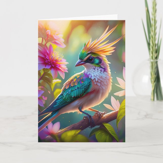 Golden Crested Green Headed Finch Fantasy Bird Card (Front)