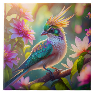 Golden Crested Green Headed Finch Fantasy Bird Ceramic Tile