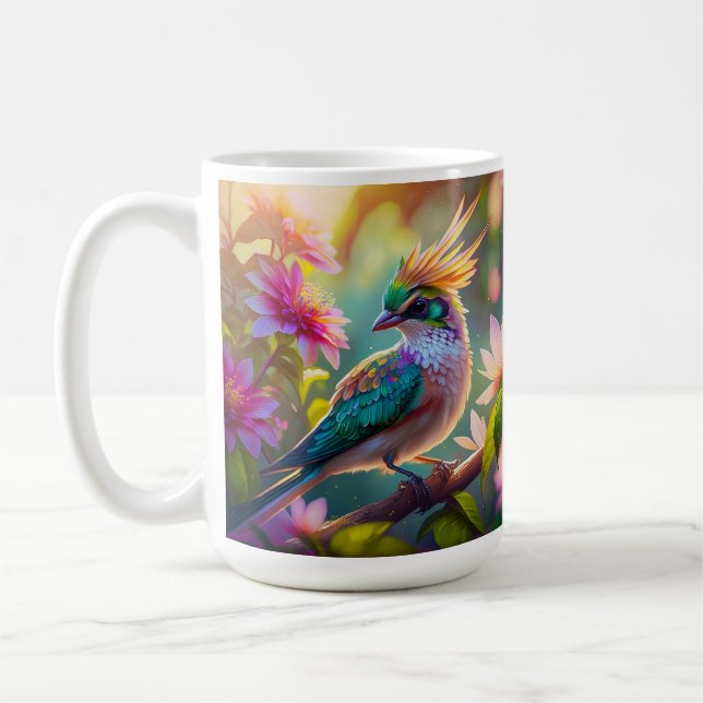 Golden Crested Green Headed Finch Fantasy Bird Coffee Mug (Left)