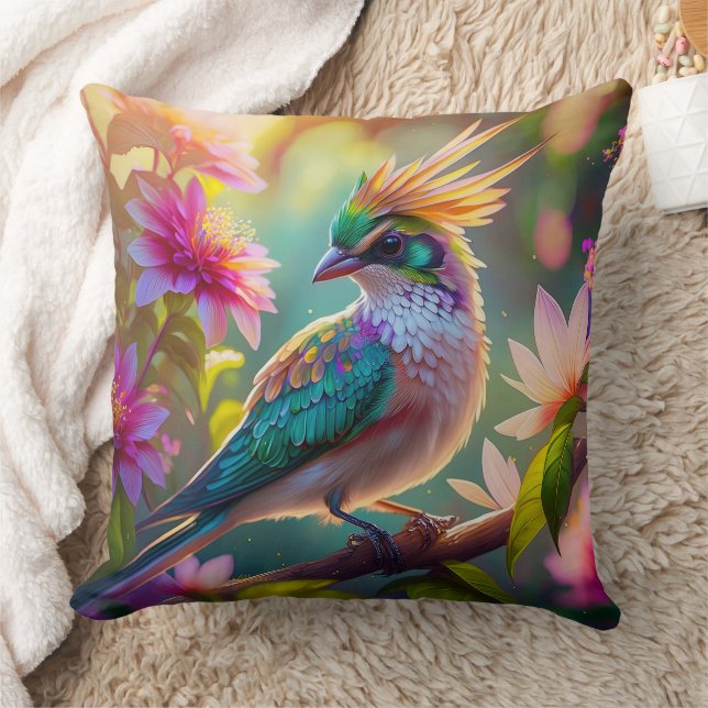 Golden Crested Green Headed Finch Fantasy Bird Cushion (Blanket)