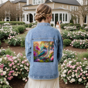 Golden Crested Green Headed Finch Fantasy Bird Denim Jacket
