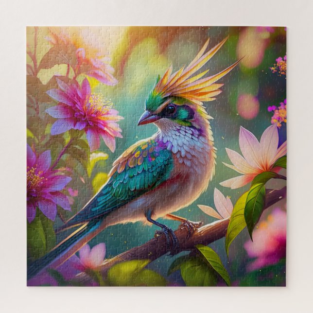 Golden Crested Green Headed Finch Fantasy Bird Jigsaw Puzzle (Vertical)