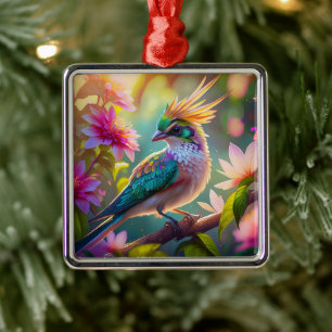 Golden Crested Green Headed Finch Fantasy Bird Metal Ornament