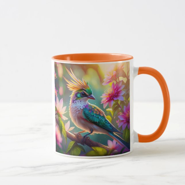 Golden Crested Green Headed Finch Fantasy Bird Mug (Right)