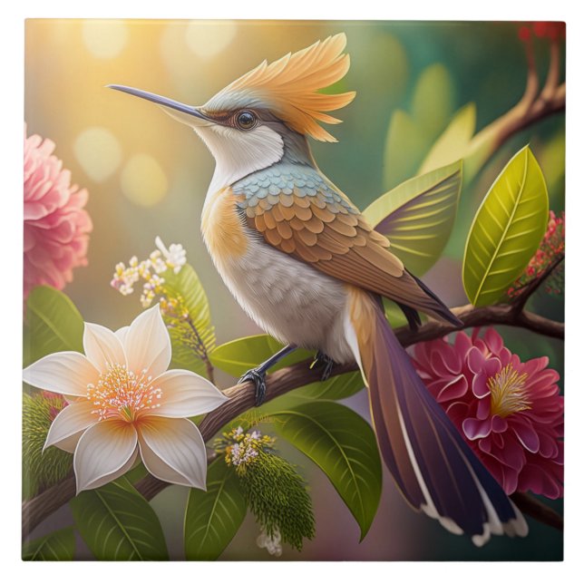 Golden Crested Honeyeater Fantasy Bird Ceramic Tile (Front)