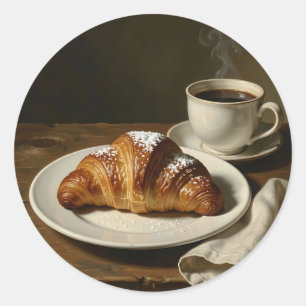 Golden Croissant Coffee Still Life Classic Round Sticker