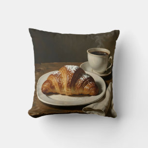 Golden Croissant Coffee Still Life Cushion