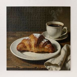 Golden Croissant Coffee Still Life Jigsaw Puzzle
