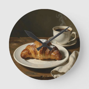 Golden Croissant Coffee Still Life Round Clock
